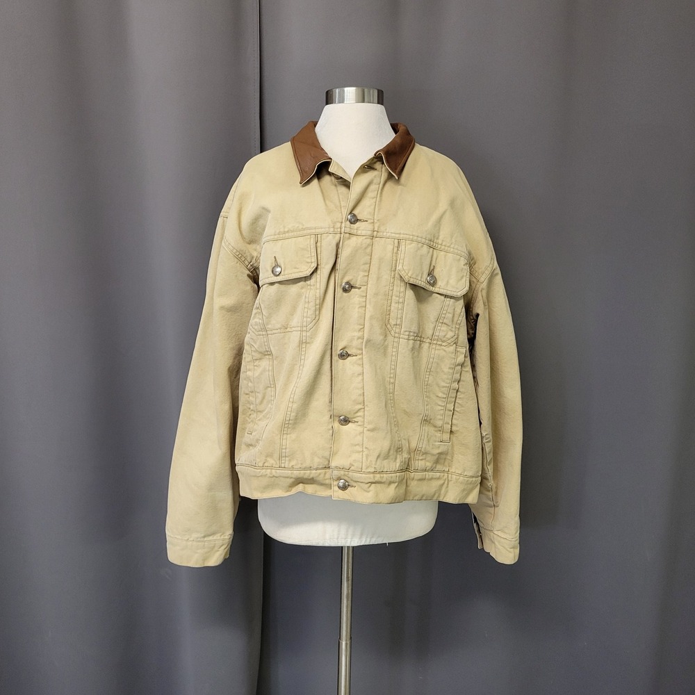 Vintage Woolrich Canvas Trucker Jacket Tan Leather Collar Striped Blanket Lined - Picture 9 of 9
